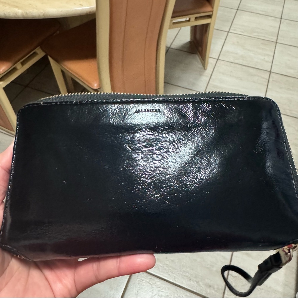 AllSaints Black Patent Zip Wallet with Gold Hardware